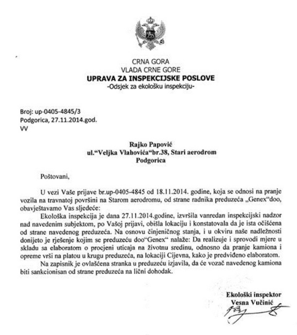 Odgovor Ekološke inspekcije Papoviću